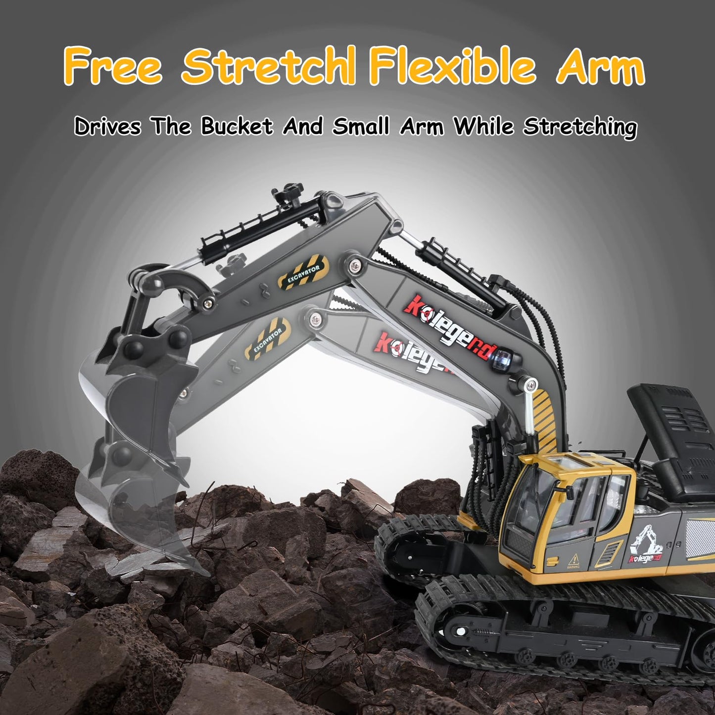 kolegend Remote Control Excavator Toy for Boys, 11 Channel RC Construction Truck with Lights, 2 x Batteries RC Excavator Toys Gift for 6 7 8 9 10 Years Old Kids Boys