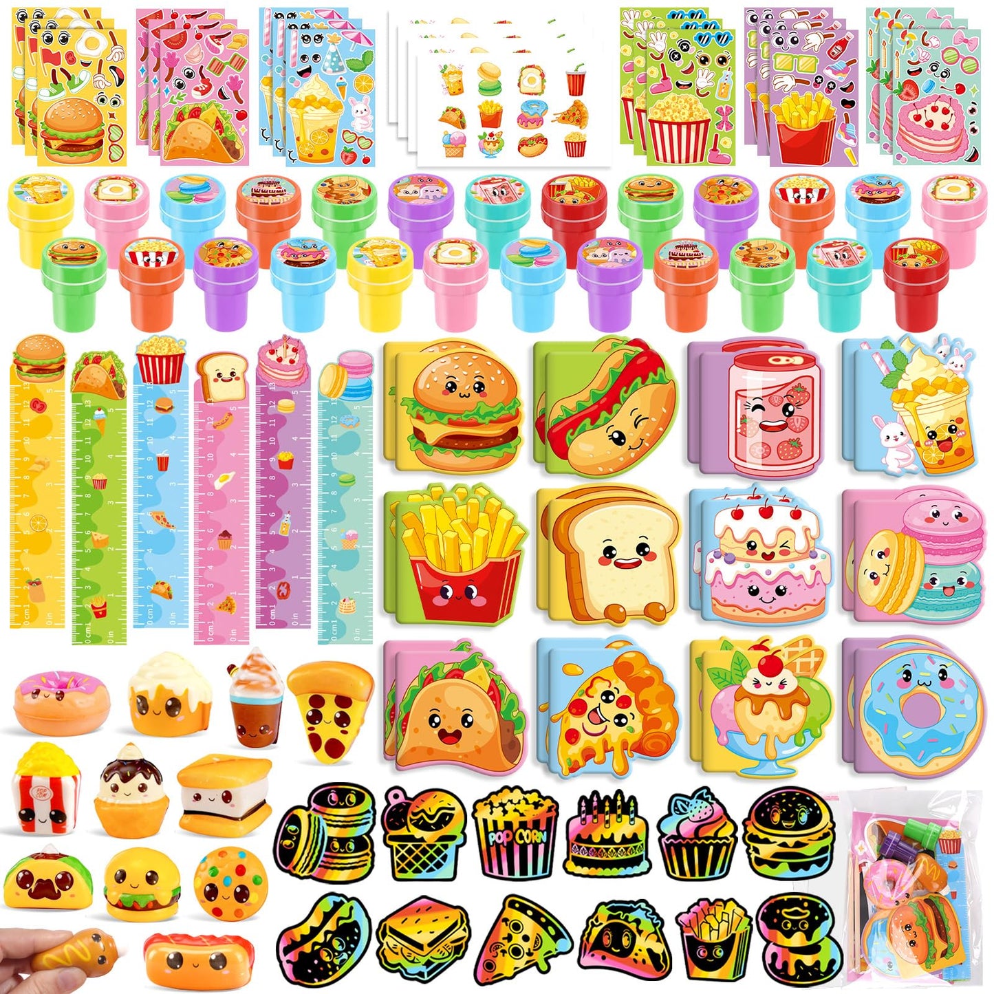 BenLouis 168 Pcs Fast Food Party Favors Snacks School Stationery Bulk for Kids Classroom Donut Birthday Gift Candy Goodie Bag Fillers Pizza Food Drink Decor Pinata Prize Activity Supplies