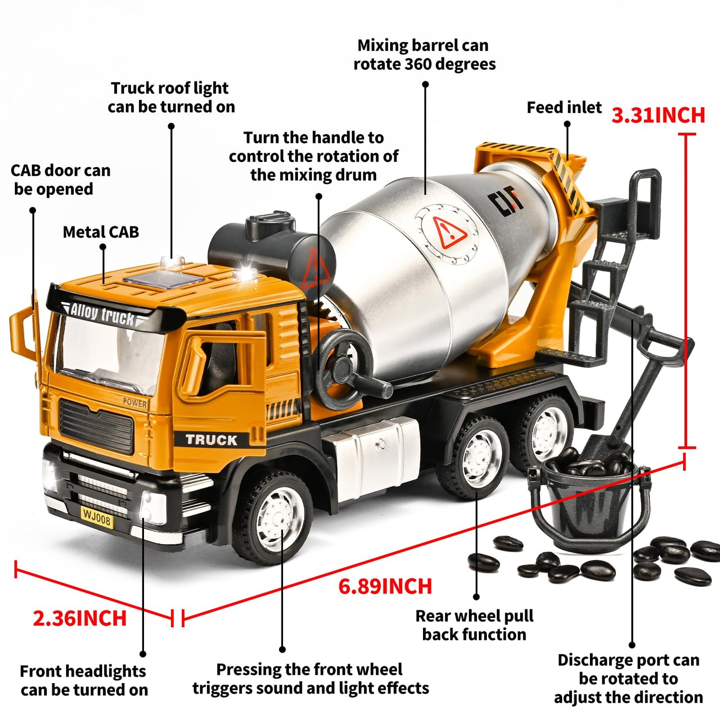 NOVAFUSION Cement Mixer Truck Toys for Boys,Cement Mixer Toy Truck Metal Diecast Cab,Pull Back Mixer Trucks Construction Trucks with Lights and Sounds,Cement Truck Toys for Boys 3-5 Year Old