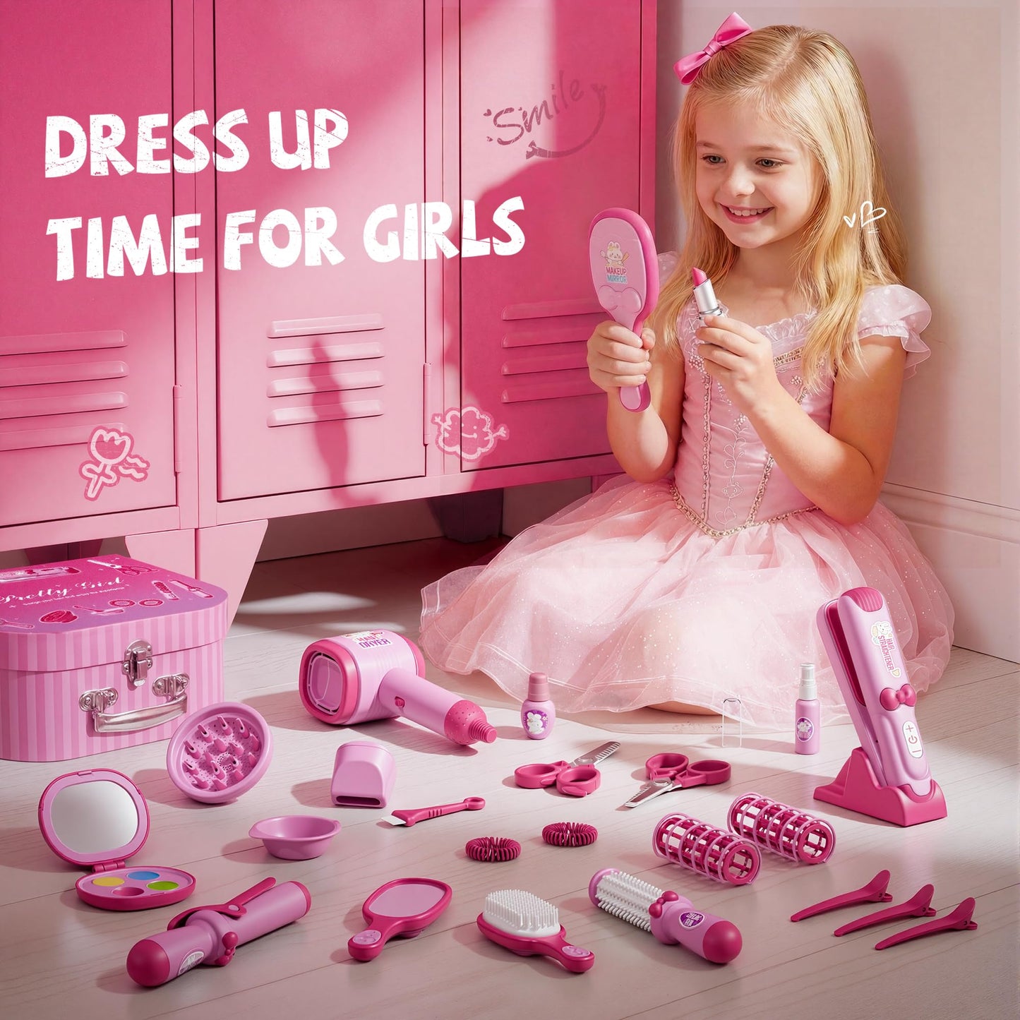 Hair Salon Toys for 5 Year Old Girls, Makeup Kit for Kids 3-5 4-6, Pretend Hair Styling Set for Girls 5-7 6-8 with Sound and Lights, Role Play Dress Up Birthday Gifts for 3 4 5 6 Girl