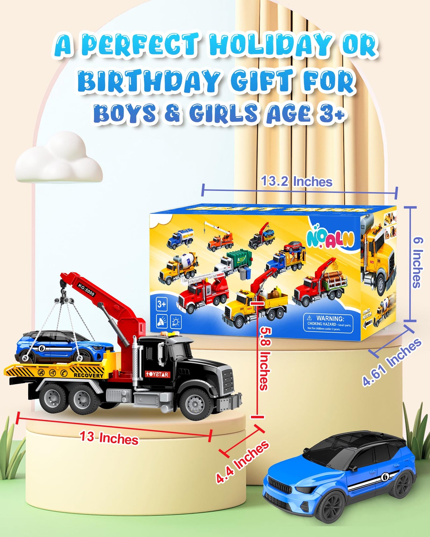 Noaln Kids Toys for 3 4 5 6 7 Years Old Boys, 15" Large Tow Truck Toy, Friction Powered Transport Toy Trucks with Lights and Sounds, Birthday Gifts for Boys & Girls with Racing Car