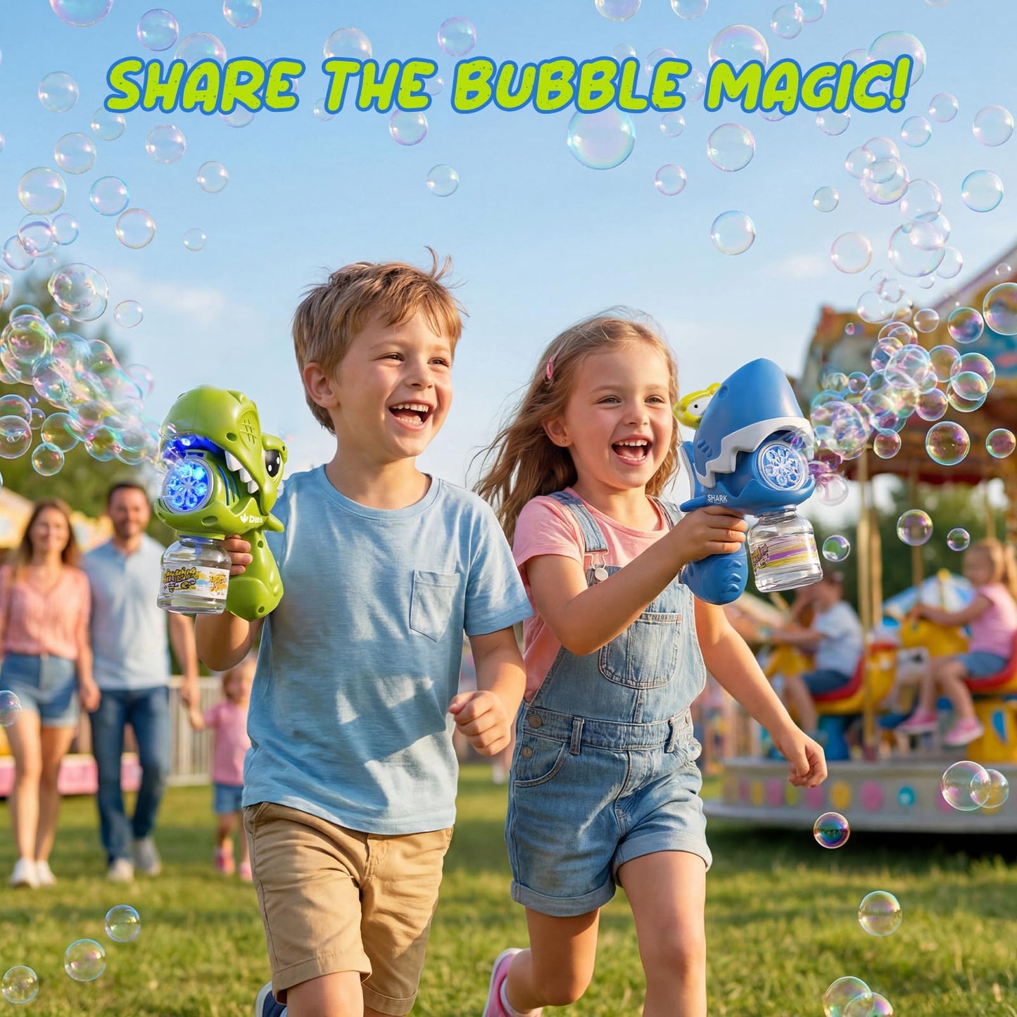 Bubble Guns for Toddlers 1-3, 2 Pack Movable Mouth Dino & Shark Bubble Machine Toys, Chomping Action Automatic Bubble Blaster w/LED Lights & 10 Refills, Rechargeable Outdoor Party Gifts for Ages 3-8