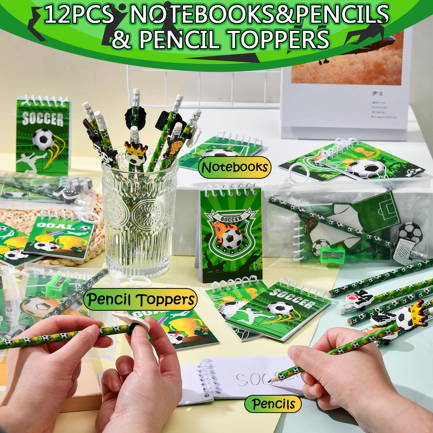 SNLN Soccer Party Favors Birthday Supplies School Stationery Bulk - Mini Notebook Pencil Eraser Bookmark Sharpener Bag Sticker, Goodie Stuffer Pinata Filler Boy Kids Soccer Themed Party Supplies