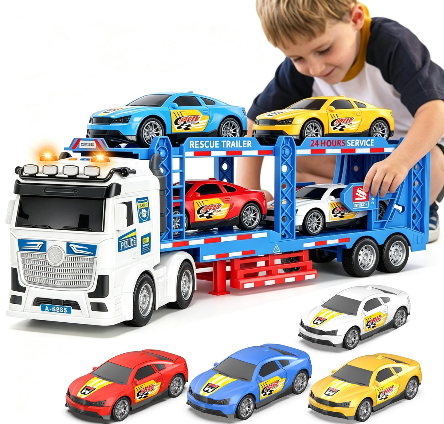 DOWELLIN Carrier Truck Race Car Toys for 3 4 5 6 7 Years Kids, 21.5" Friction Powered Double Layer Semi Transport Truck Toy with 4 Racing Cars, Lights&Sounds Vehical Toys, Xmas Gift for Boy Girl-Blue