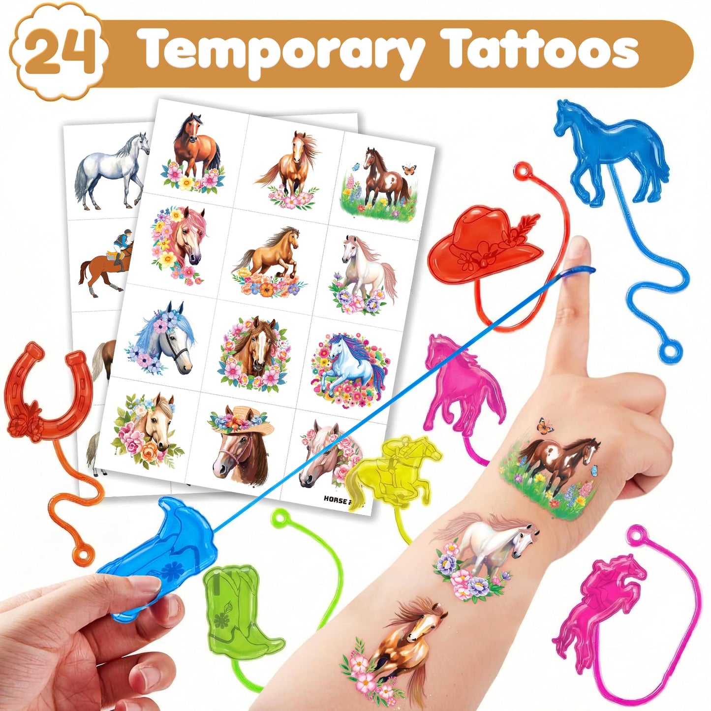 48PCS Horse Party Favors - 24PCS Temporary Tattoos & 24PCS Stick Hands Party - Perfect Birthday Party Supplies, Goodie Bag Stuffers, Treasure Box Toys, Classroom Prizes, and Student Gifts