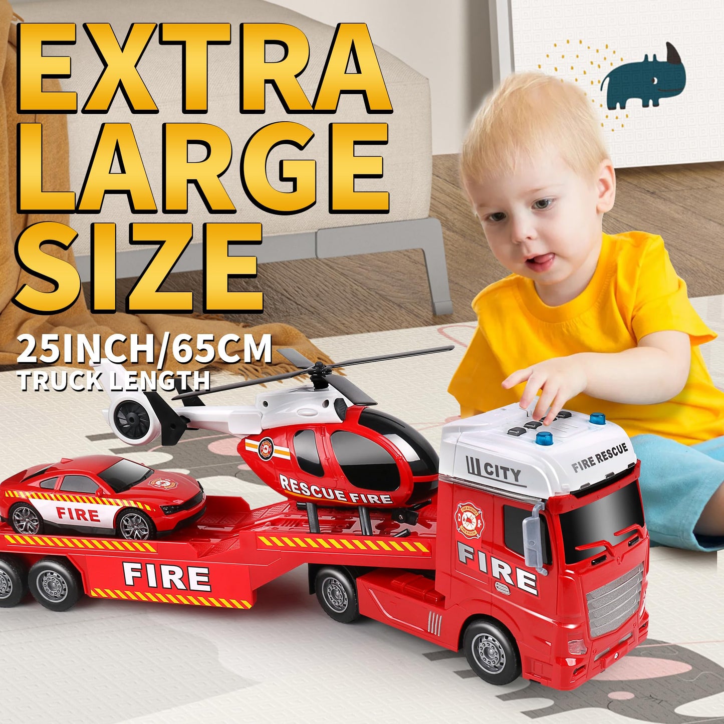 Dwi Dowellin 25.6" Semi Truck Toy with Racing Car and Helicopter for Kids Toddlers - Fire Toys,Birthday Gifts for Boy Toddler Child 2 3 4 5 6 Years Old
