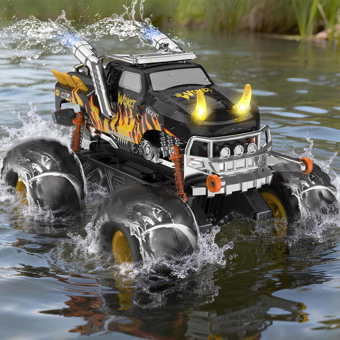 Amphibious 1:16 Waterproof Monster Truck Toys RC Car Water Blaster Trucks 60+ Min Runtime with 2 Batteries 360 Spin 4WD All Terrain Off-Road Pickup rc car Toy 5-12 Year Old Kids Gifts Children's Day