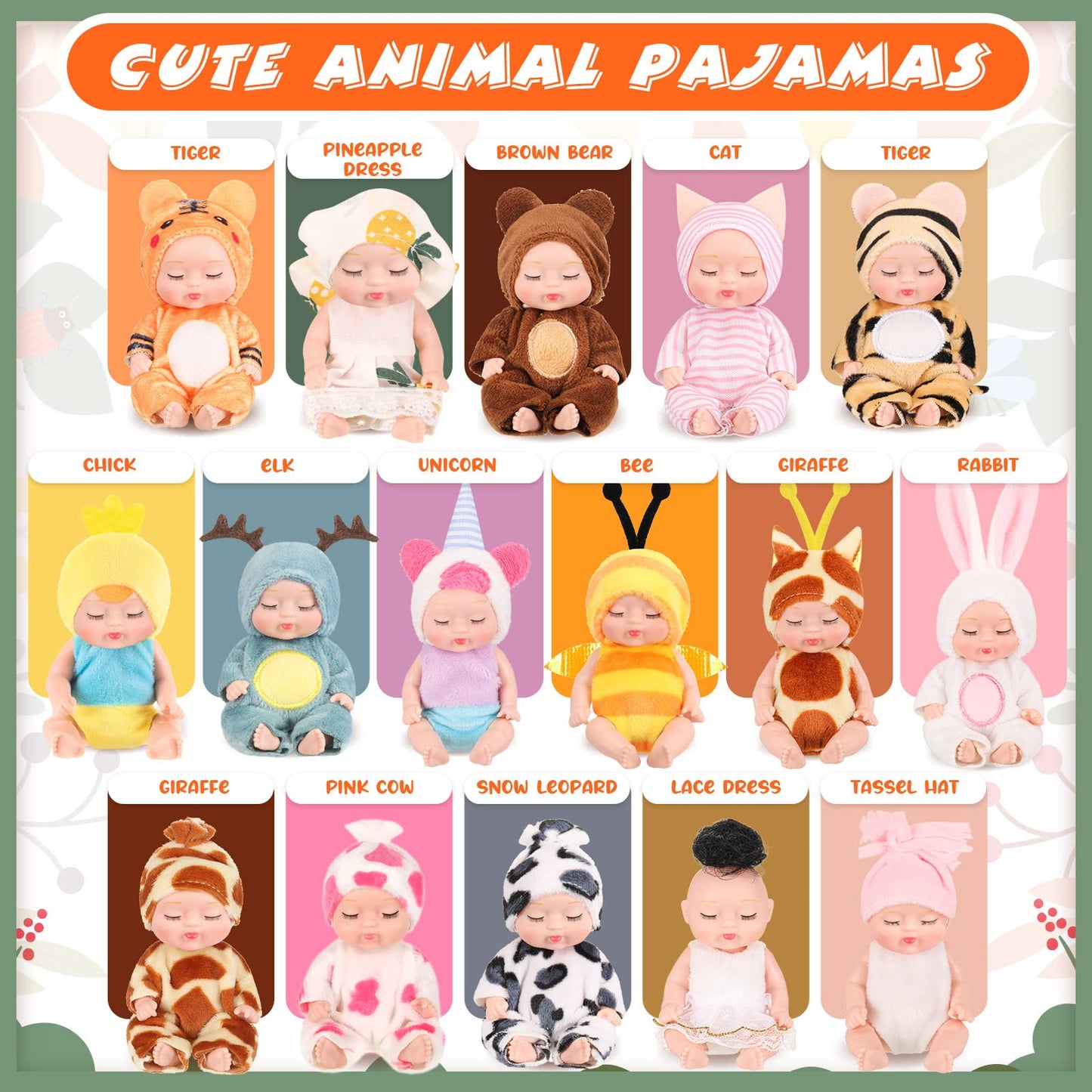 Retrowavy 16 Pcs 4 Inch Mini Reborn Baby Dolls Lifelike Realistic Tiny Baby Doll with Animal Clothes Cute Infant Figurine Gifts Set for Teens Girls Boys Toddlers Kids 3+ Birthday Gifts Big Fillers