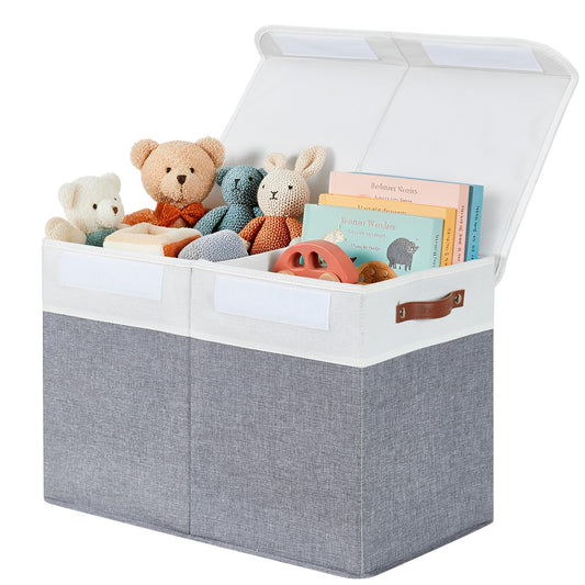 DECOMOMO Large Toy Storage Box with Lid - 25L x 12W x 16H inches Toy Chest Storage Bin with Divider for Kids, Nursery, Playroom (Grey & White)