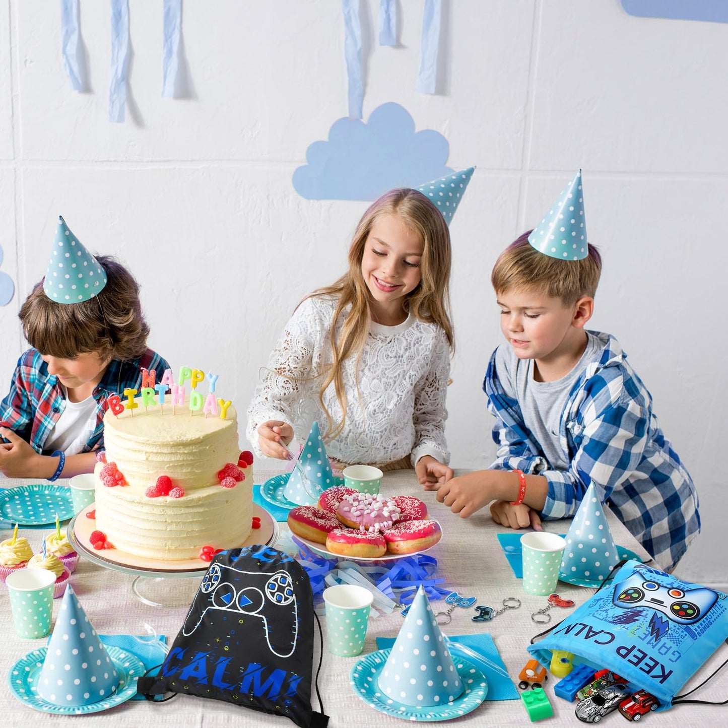 Talltalk 48 Pcs Video Game Party Favors Bulk with 16 Blue Black Video Game Gift Drawstring Backpack Goodie Bags Snacks Candy Bag 16 Wristband 16 Keychain for Play Birthday Party Supplies Decorations