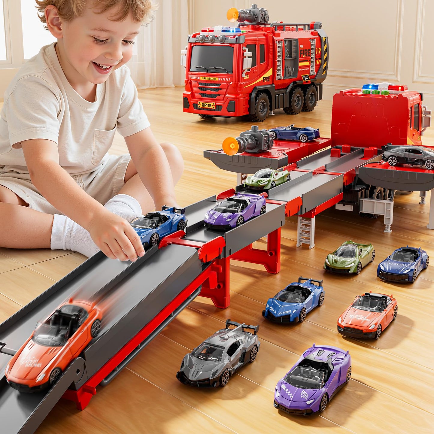 XINNOVEL Fire Trucks Toys for Toddlers Ages 3-5, Folded Carrier Truck Race Track with with Lights & Sounds and 6 Racing Car Toys, Birthday Gift for 3 4 5 6 7 8 Years Old Boys Girls