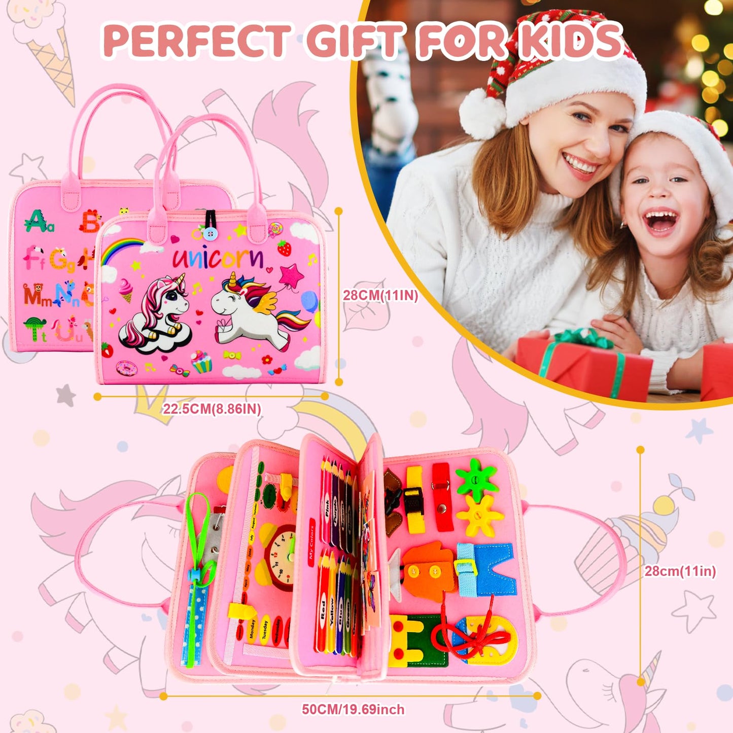 Toddler Busy Board Montessori Toys for Toddler 1-3 Year Old, Girl Birthday Gift, Preschool Educational Montessori Busy Book Board, Felt Sensory Activity Board Sorting Toy Age 2-4 with Fine Motor Skill