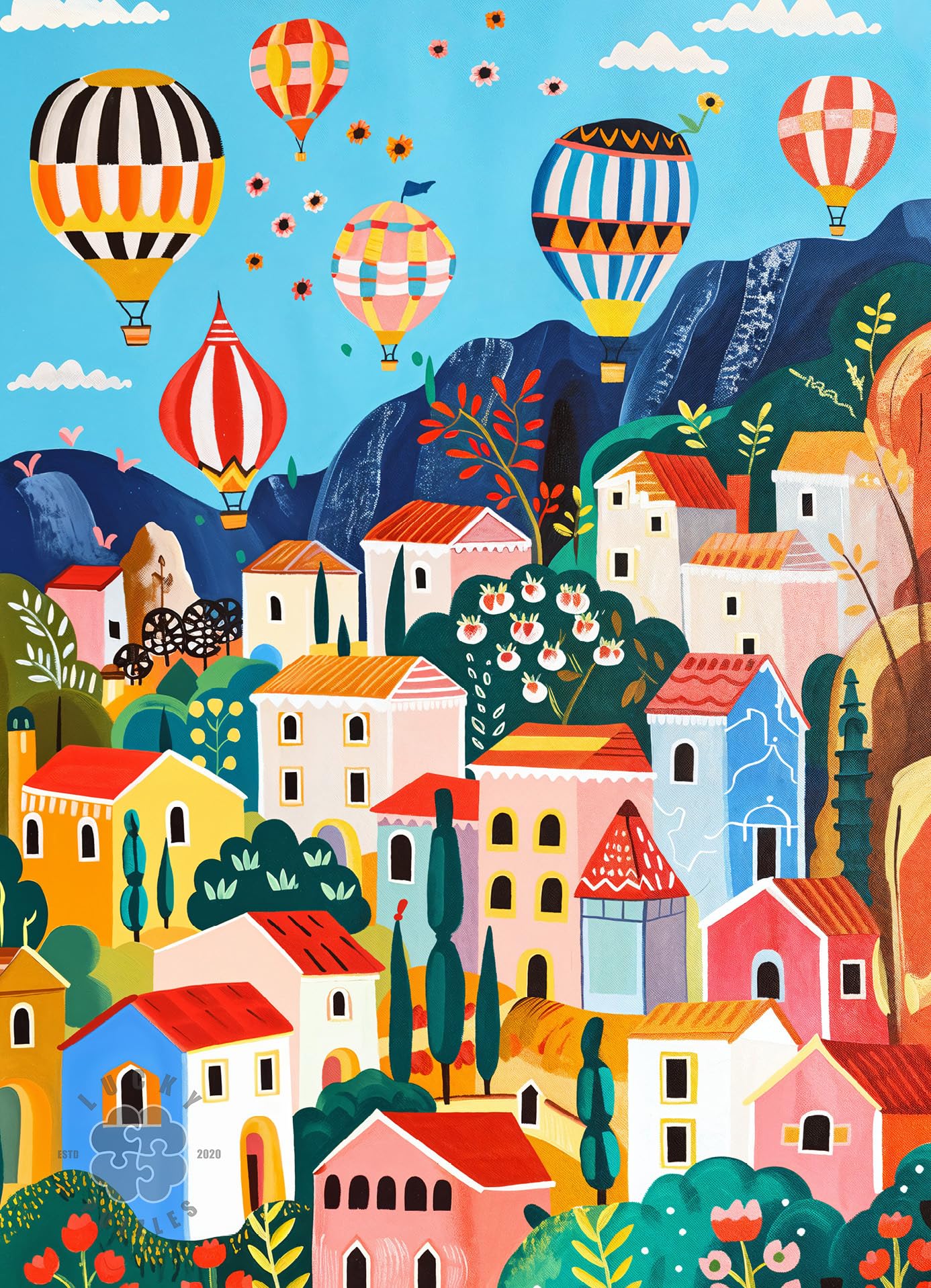 Lucky Puzzles Balloons Over Cappadocia 1000 Piece Jigsaw Puzzle for Adults | Beautiful Folk Art Puzzle of Turkey's Hot Air Balloons and Rock Formations | Premium Puzzles