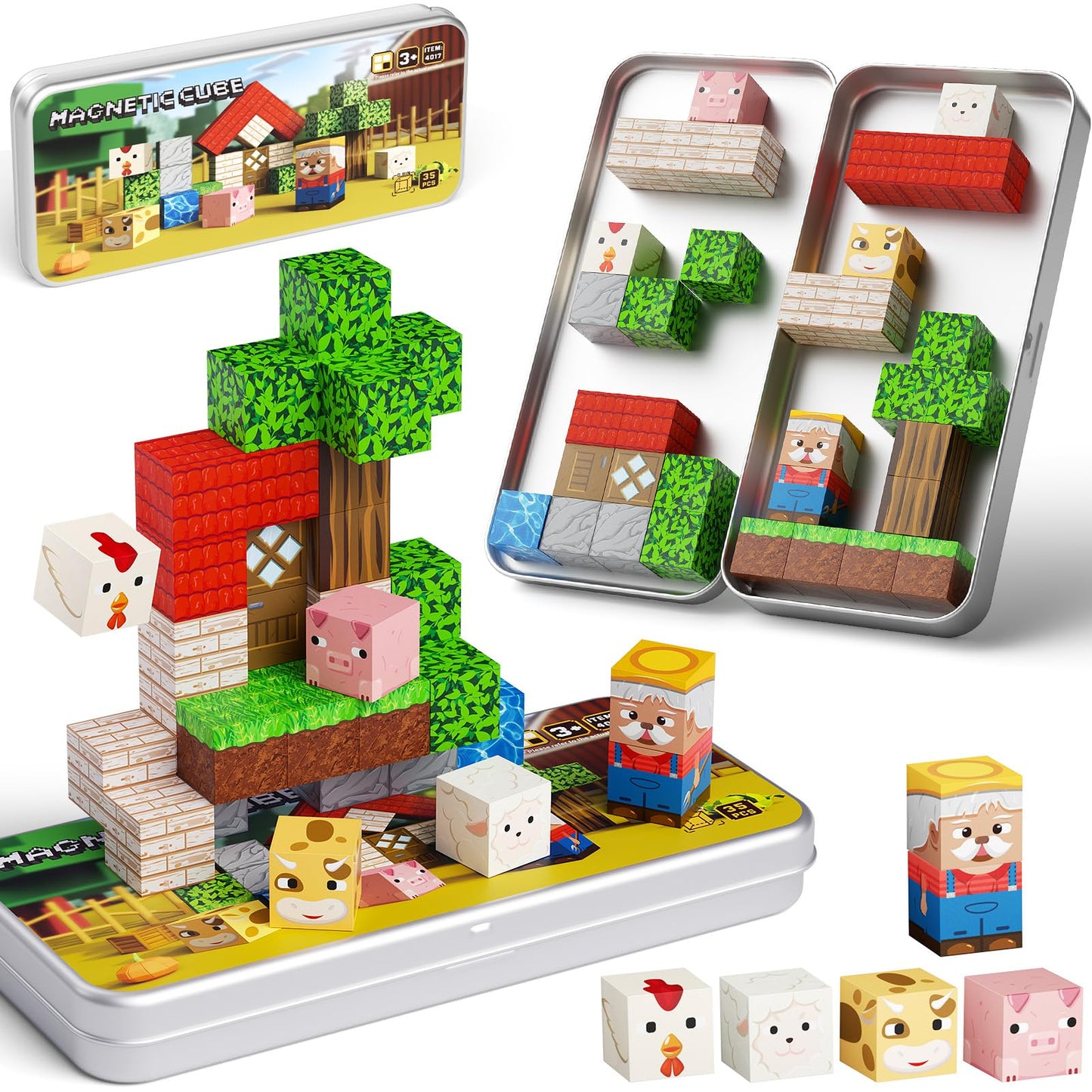 JSDKFJSA Mini Magnetic Blocks Farm Animals - 35 PCS Travel Magnet Building Blocks for Toddlers - STEM Educational Magnet Toys with Portable Iron Box for Kids Ages 3-8 Years Old Boys & Girls