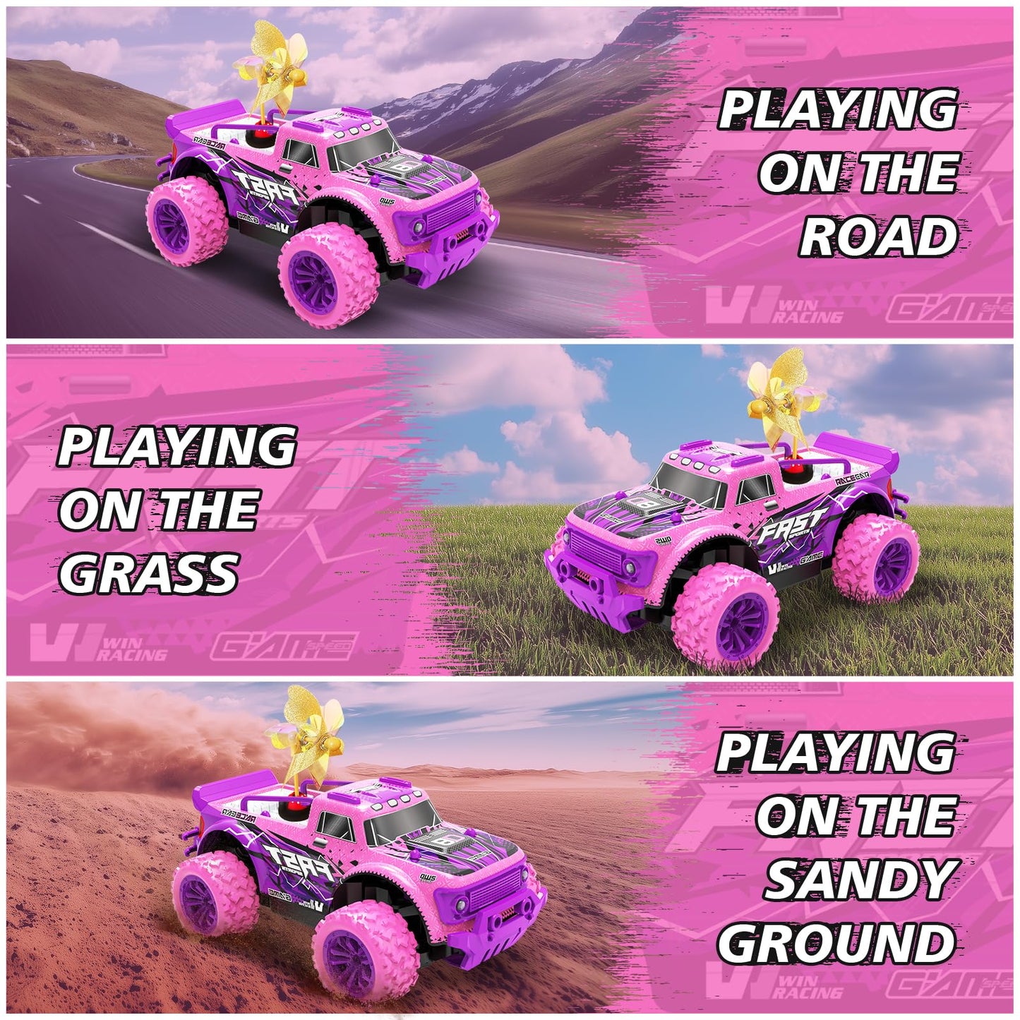 iDrone Remote Control Car for Girls: 1:20 Scale Pink Purple Rc Truck with LED Light and DIY Windmills - 20Km/h All Terrain Fast RC Cars, 2.4GHz Monster Truck Toys for Kids Gift