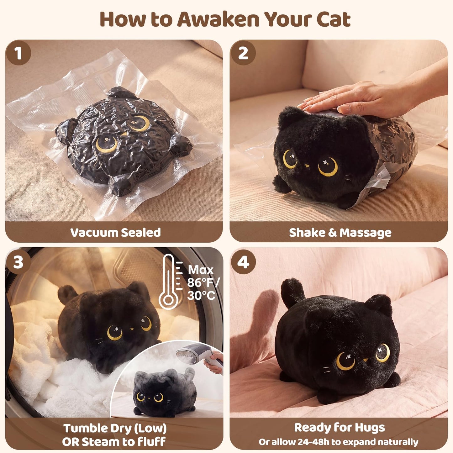 Mewaii Black Cat Plush, Cute Cat Plushies Toy, Soft Kitten Plushie Cuddle Pillow, Anime Plushie Doll, Cute Stuff Toys Gift for Girls, Boys and Males (8 Inch)