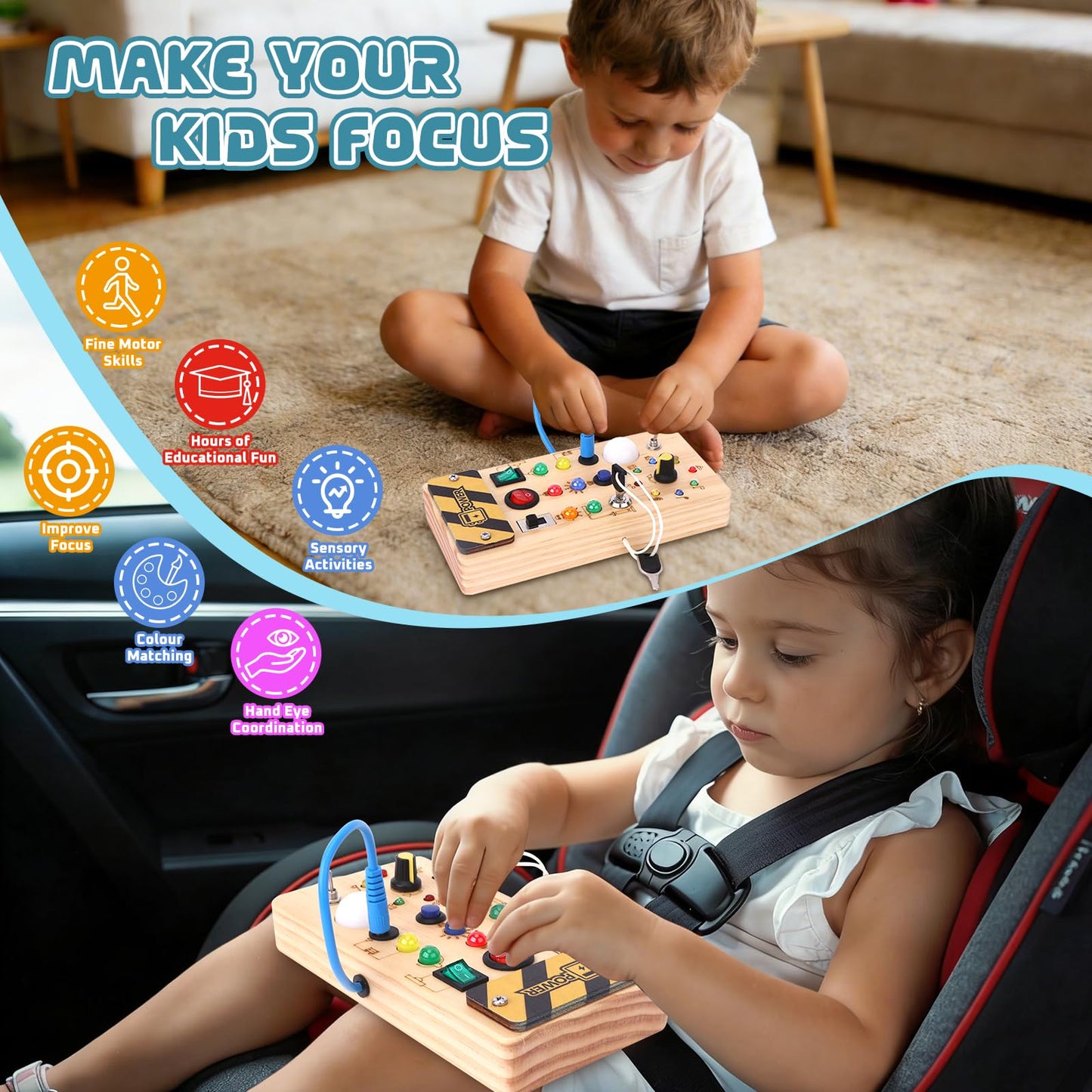 Konijiwa Busy Board Montessori Toys for 1 Year Old Kids Activity Board with 8 LED Light Switch Toy Sensory Learning Wooden Toy Suitable for 1 2 3 4 Year Old Boys and Girls