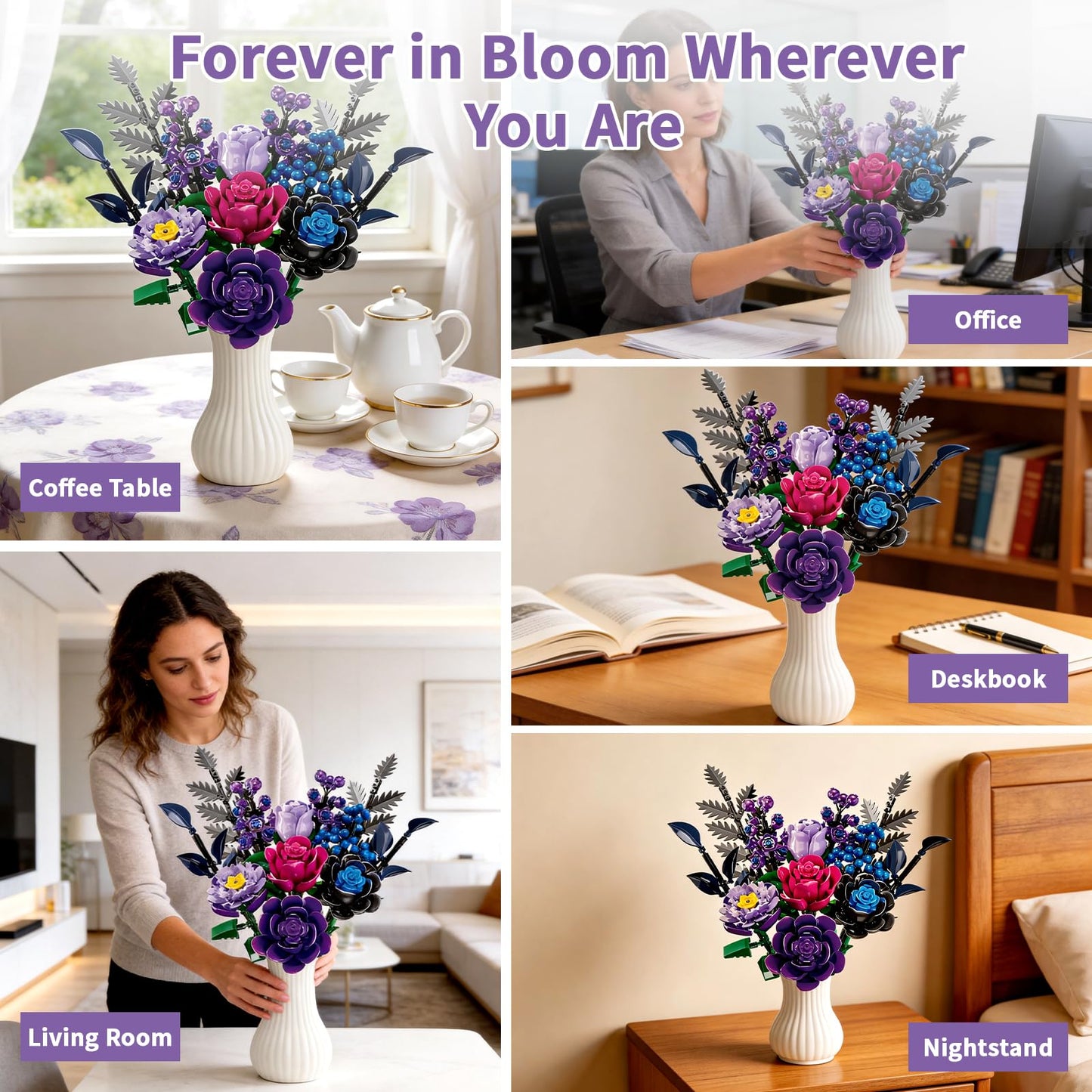 YOIUSFR 759 Pcs Purple Rose Flower Bouquet Building Set, Botanical Collection Kit Artificial Fake Flowers Blocks, Home Table Decor Aesthetic for Gifts for Mom, Birthday, DIY Craft