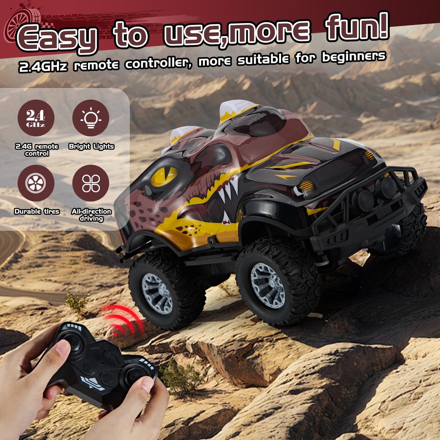 JOYBLI Dinosaur-Shaped Off-Road Vehicle Remote Control Cool Off-Road Vehicle Truck, 2.4GHz RC Car with LED Lights, 1:20Scale, RC Truck, Remote Control car from a Long Distance.Gifts for Boys (Brown)