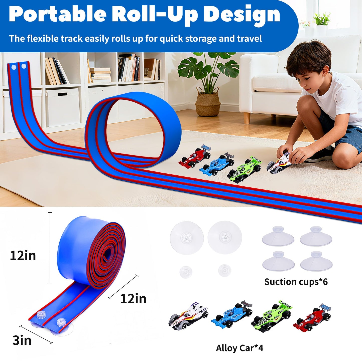 FUTESI Flexible Race Car Track for Kids 15 Ft Flex Tracks Starter Set Compatible with Diecast 1/64th Cars Portable Rolls Up Race Tracks with Strong Suction Cups Birthday Gifts for Boys Girls Ages 3+