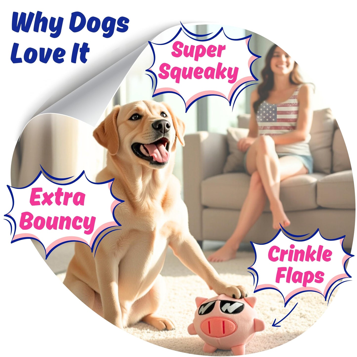 3 in 1 Squeaky Soft Plush Durable Dog Chew Toy for Aggressive Chewers, No Stuffing Interactive Tough Rip & Reveal Crinkle Pink Pig Ball in Gift Box, Puppy, Small & Large Breed Pets Birthday Present