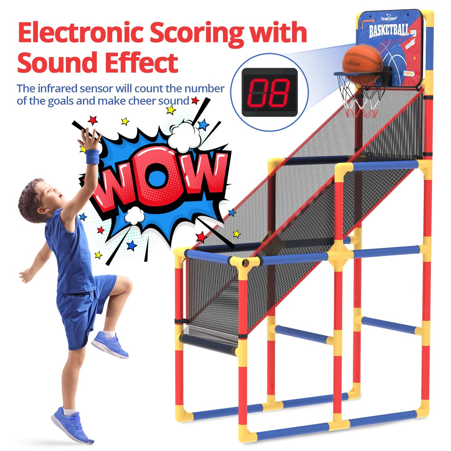 EagleStone Kids Arcade Basketball Game with Electronic Scoreboard and Cheer Sounds, Indoor Outdoor Basketball Hoop with 4 Balls, Game Toy Gift for Ages 3-12 Boys and Girls