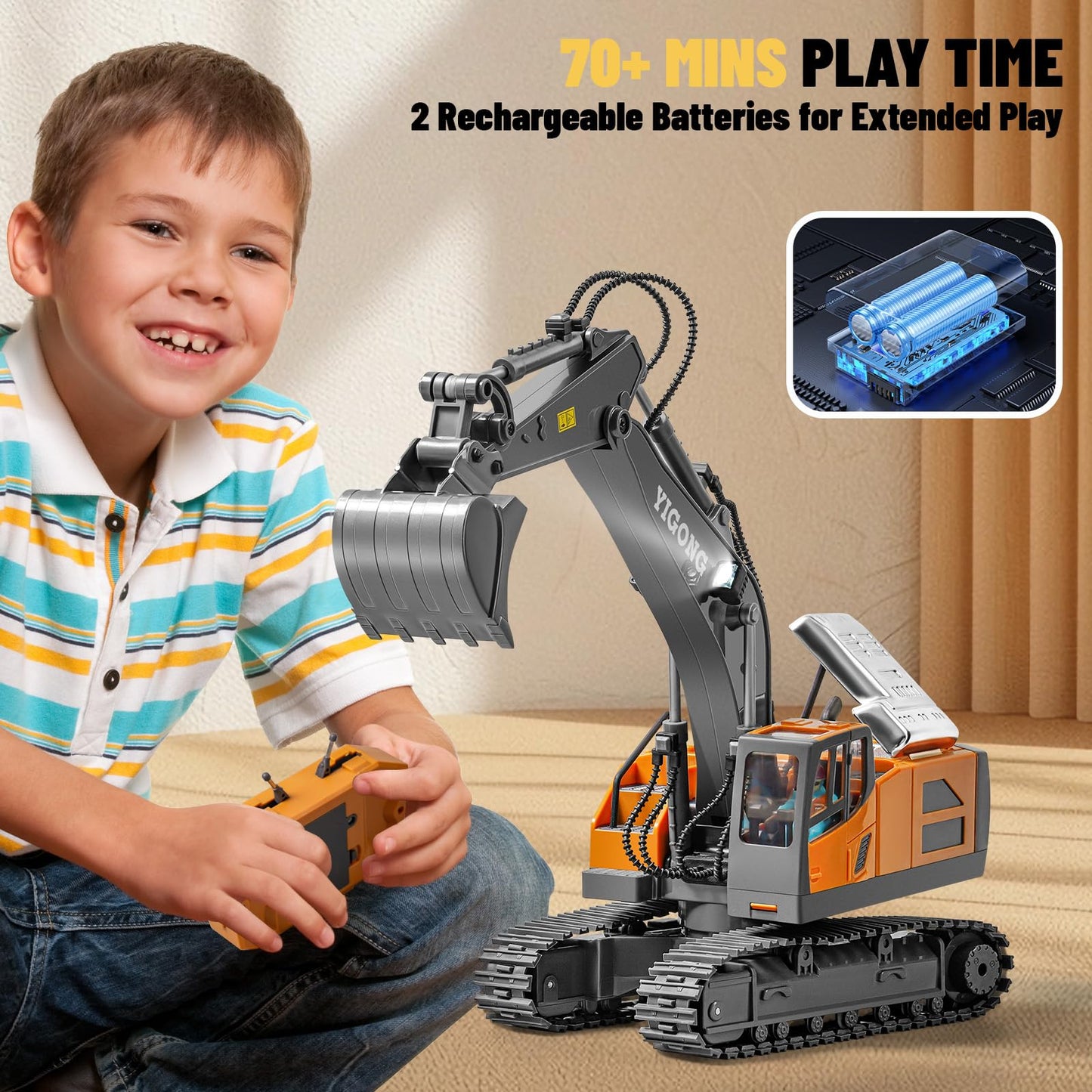 SJYN Remote Control Excavator Toy, 11 Channel RC Construction Digger with Metal Shovel, Lights & Sounds, 2.4GHz Rechargeable All-Terrain Excavator for Kids 3-14, Perfect for Sand, Dirt & Outdoor Play