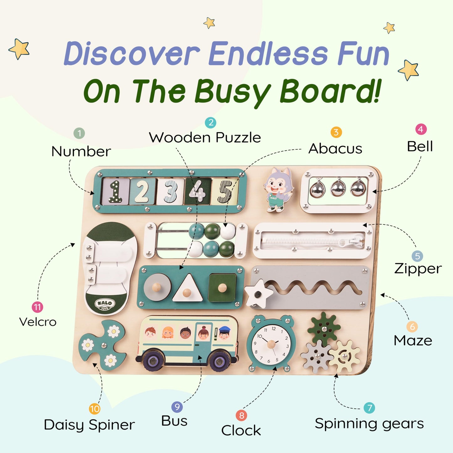 KALOTOYS Large Montessori Busy Board for Baby & Toddlers 1-3 — 17-Inch Wooden Sensory Activity Board — Fine Motor Skills & Early Learning Educational Toy for 1 2 3 Year Old, Travel Friendly & Safe