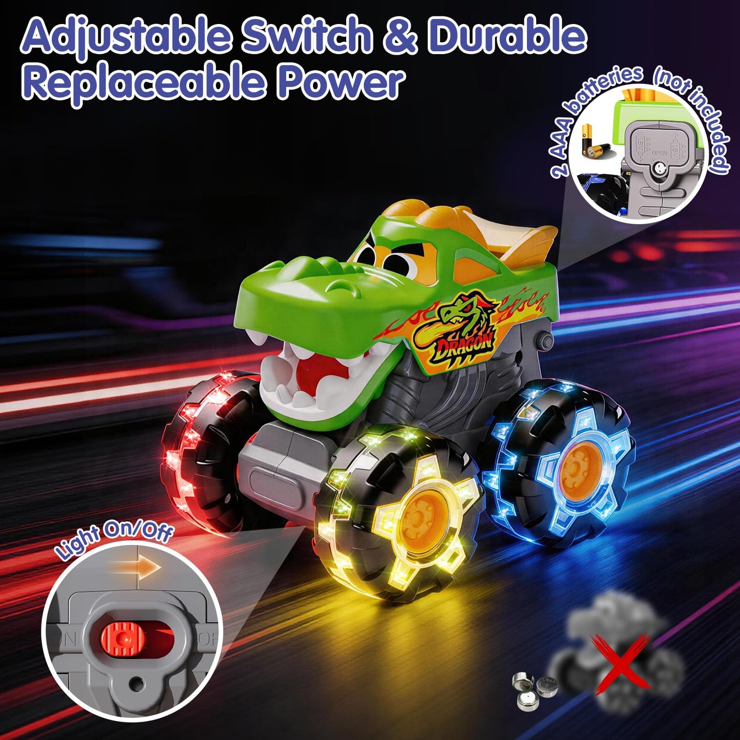 HOLA 3 Pack Monster Truck Toys, Push & Go Friction-Powered Light Up Cars with Color Changing LED Wheels for Kids Toddlers 1-5, Toys for 1 2 3 4 5 Years Old Boys Girls Christmas Birthady Gifts