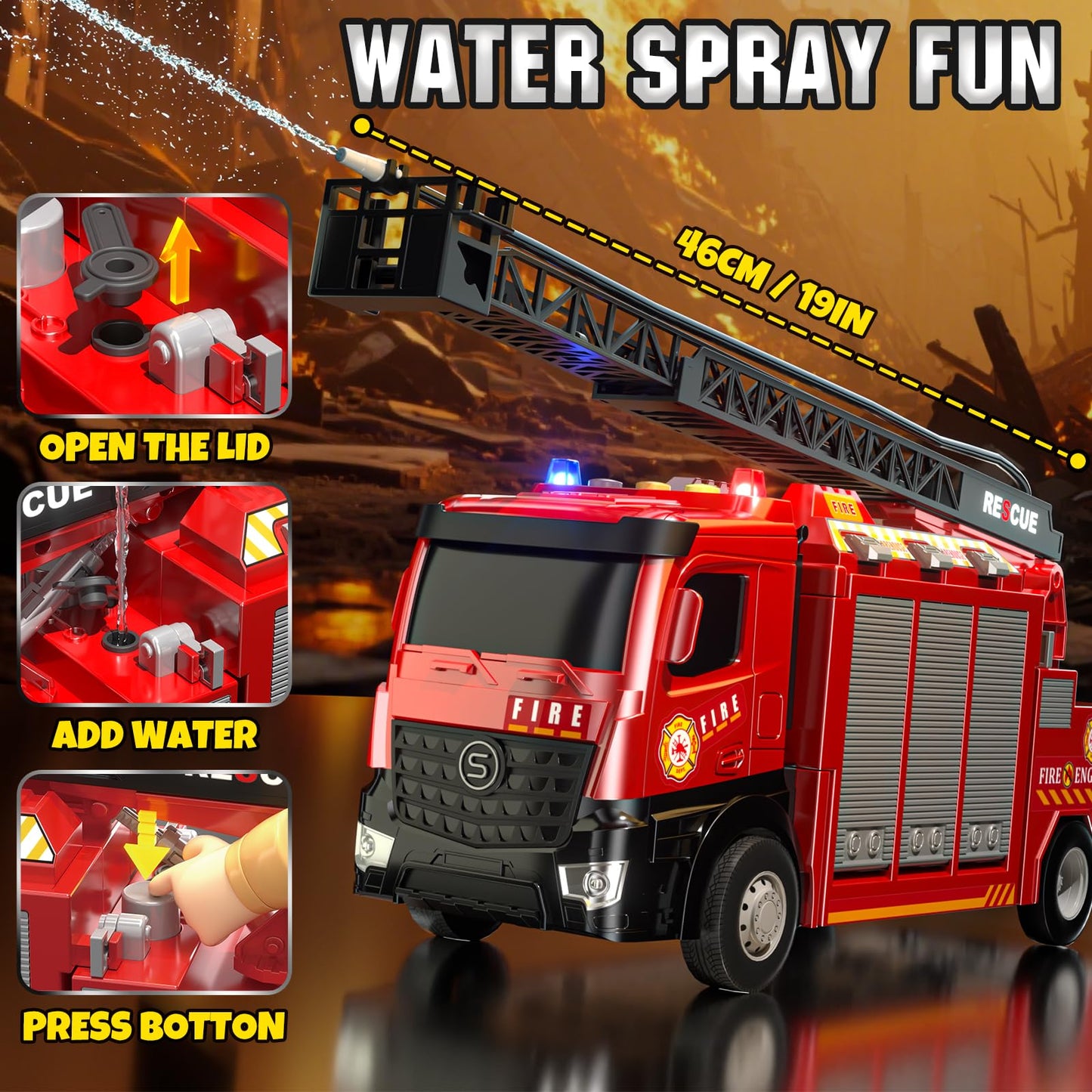 Lehoo Castle Fire Truck Toy for 3 4 5 Years Old Boys, Fire Trucks Playset with Rotating Ladder, Realistic Lights & Sounds, Birthday Gifts for Toddlers 3+