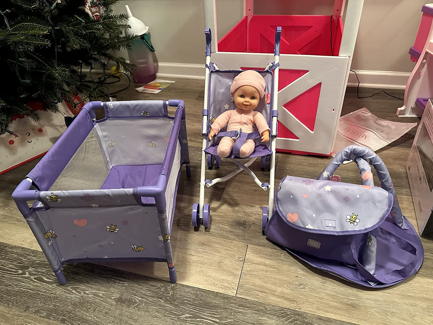 ANIVIA Baby Doll Stroller Set - Includes Stroller, Crib, Play Mat, Feeding Toy, Diaper Bag - Nursery Role Play Set (11" Doll Included)