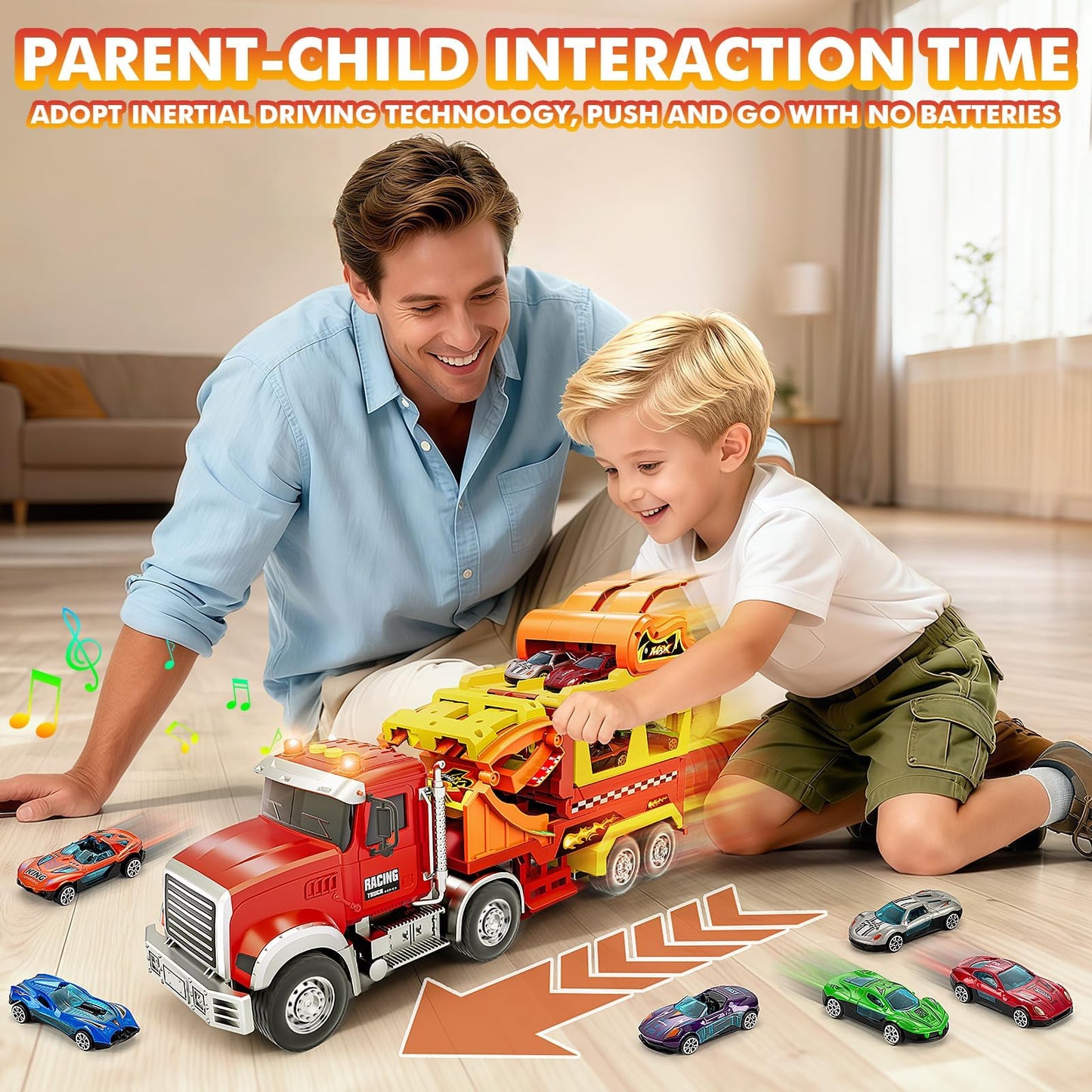 Truck Car Toys for 3, 4, 5, 6, 7, 8 Years Old Kids, Carrier Truck Race Track Toys, Foldable Transport Car Toys with Foldable Race Tracks and 6 Metal Cars, Birthday Gifts for Toddler Boys Girls (Red)