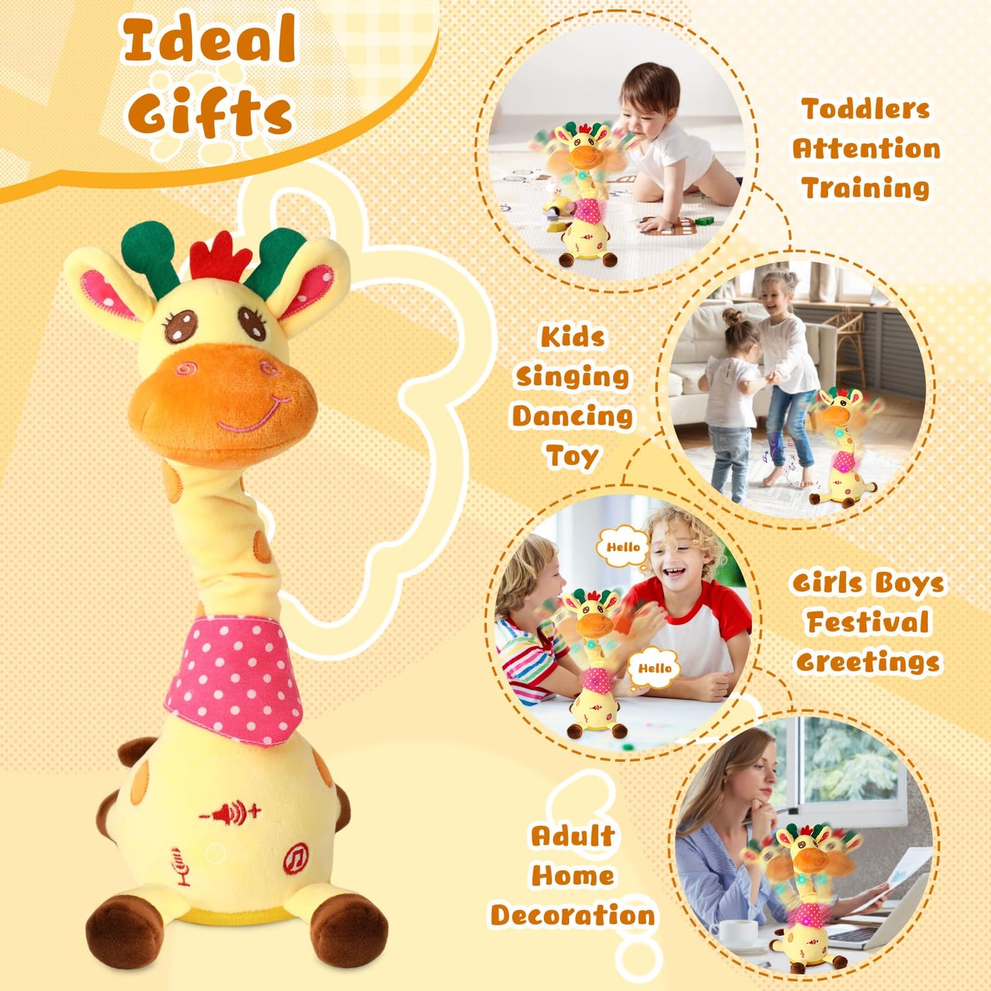 JISONCASE Talking Dancing Giraffe Baby Toy, Adjustable Volume Tummy Time Toy Repeating What You Say, Singing Mimicking Recording Sensory Education Gifts for Toddlers Boy Girls