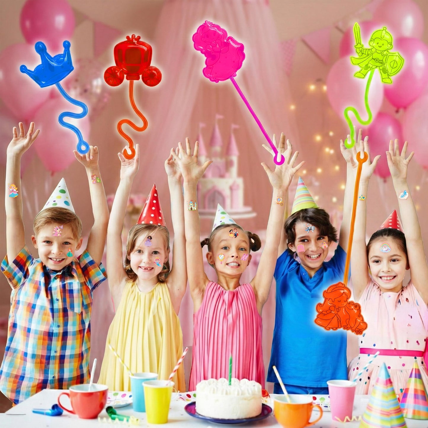 48PCS Princess Party Favors - 24PCS Temporary Tattoos & 24PCS Stick Hands Party - Perfect Birthday Party Supplies, Goodie Bag Stuffers, Treasure Box Toys, Classroom Prizes, and Student Gifts