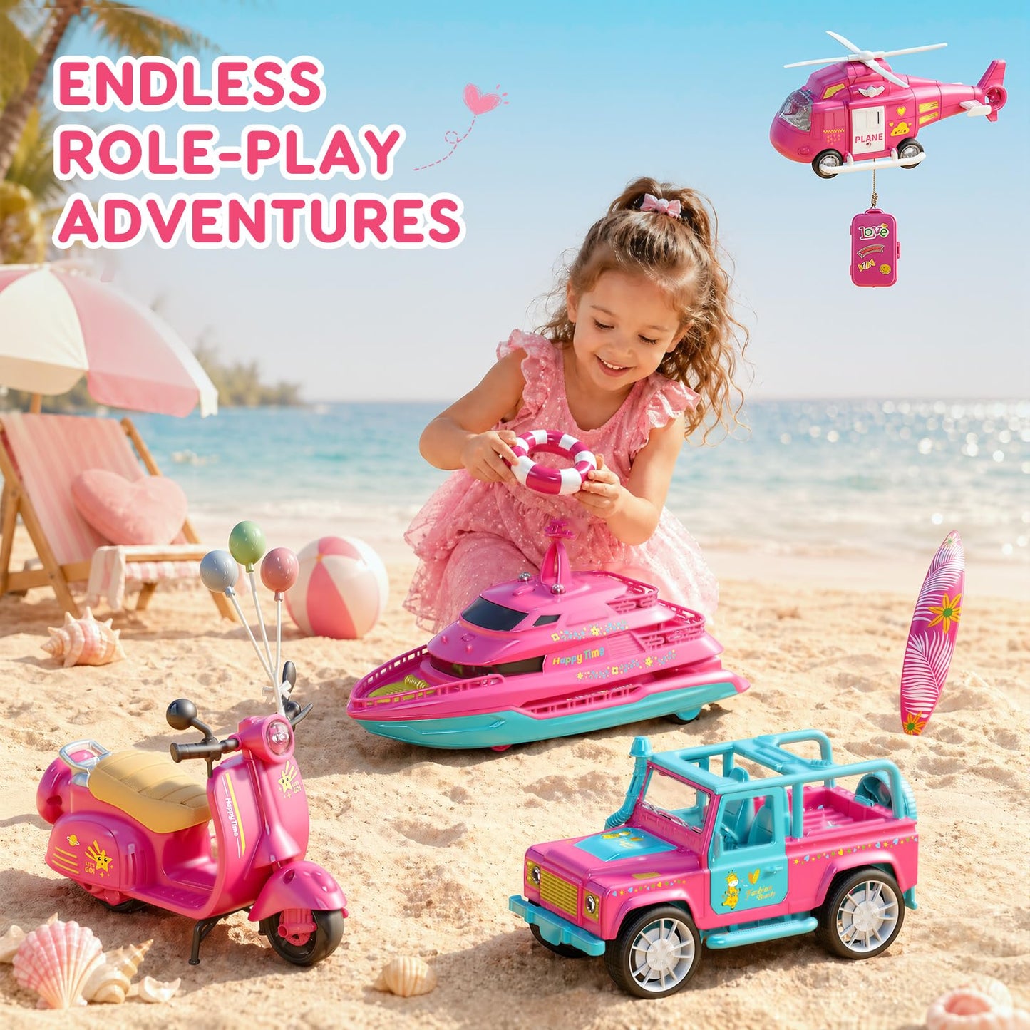 Eviboy 10-in-1 Car Toys Set, Battery-Powered Vehicle Toys with Lights & Sounds, Includes Off-Road Vehicle, Yacht, Motorcycle & Helicopter, Perfect Birthday for Girls Ages 3-6（Pink）