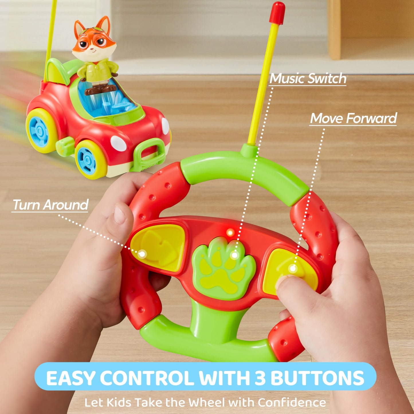 lalalark JOVA 2 Pack Remote Control Car for Toddlers, RC Cars with Cartoon Figure, Kids Toy Bumper Cars with LED Lights and Sounds, Light Up Car with Music, Christmas Birthday Gift for Boys Girls