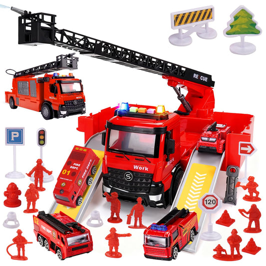 LESSETI Fire Truck Toy with Water-Spraying, Lights & Sirens for Kids, Includes Large Parking Garage, 4 Mini Vehicles, Launching Tracks, Action Figures & Traffic Signs