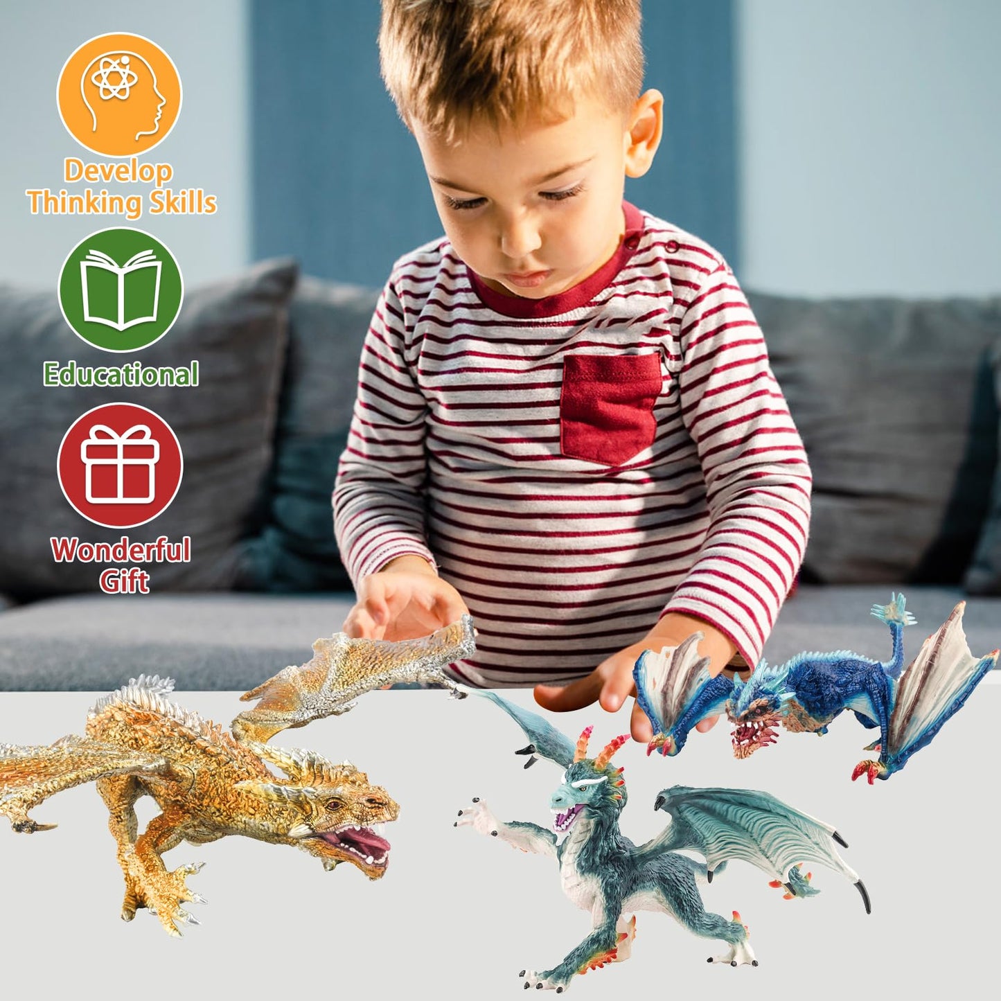 Fistone Western Dragon Toy Set, 3 PCS Realistic Battle Dragon, Lion Dragon, Demon Dragon Figurines, Creature Dragon Playset for Kids, Dragon Toy Action Figure for Kids Ages 3+