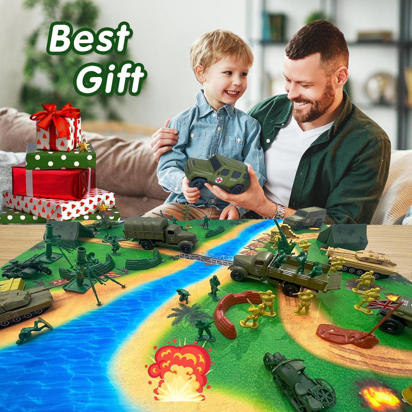 TALGIC Army Men Toys Large Battle Playset-Set Includes Army Men Action Figures, Military Battle Mat, Tanks, Helicopters, Jeep, Ambulance, Trucks, Cannon, Tents (120 PCS)