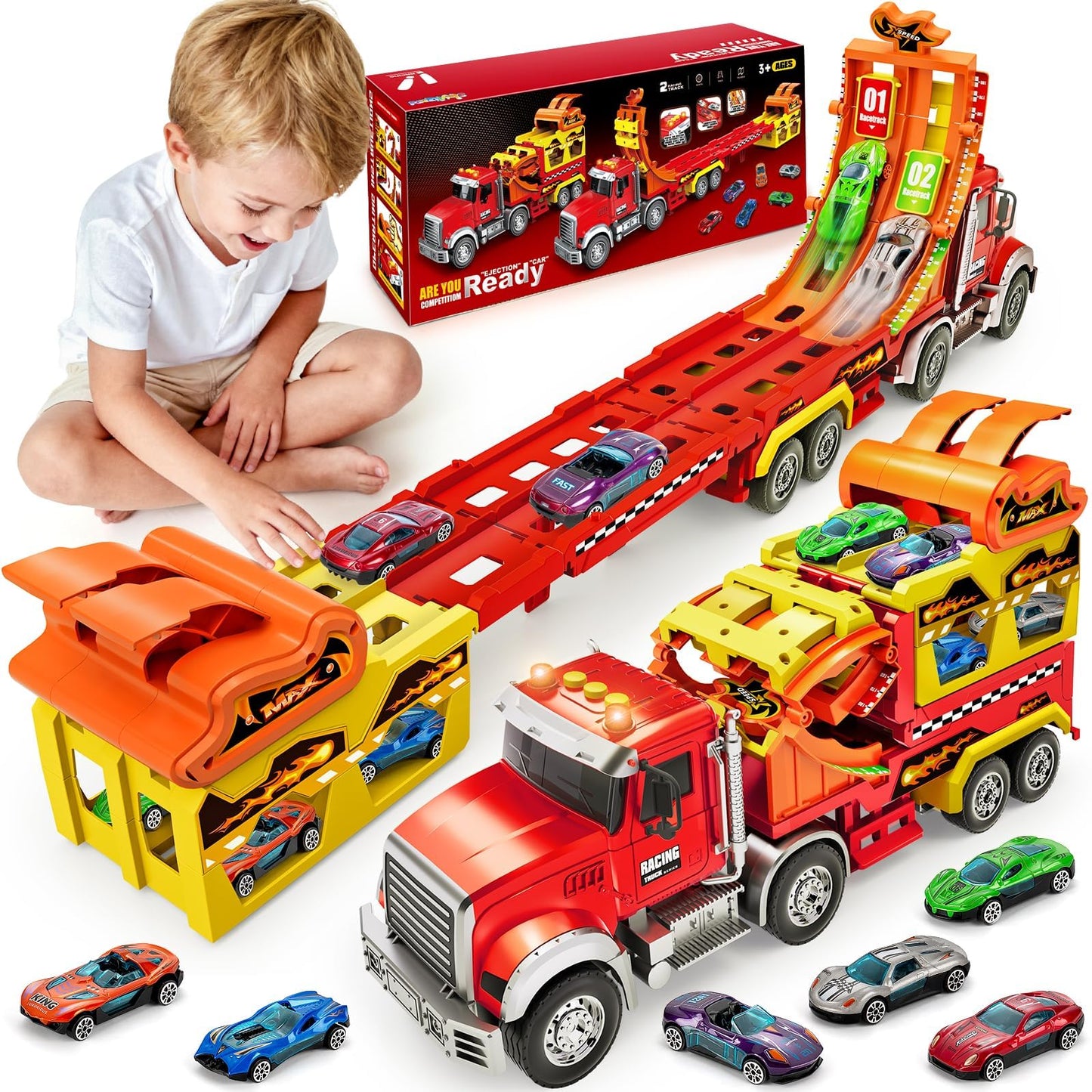 Truck Car Toys for 3, 4, 5, 6, 7, 8 Years Old Kids, Carrier Truck Race Track Toys, Foldable Transport Car Toys with Foldable Race Tracks and 6 Metal Cars, Birthday Gifts for Toddler Boys Girls (Red)