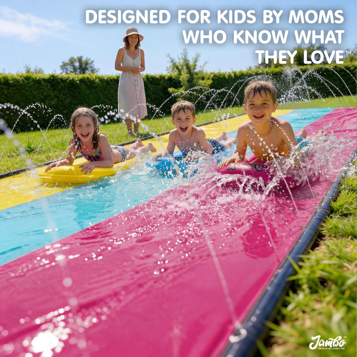 JAMBO XL 20Ft Summer Vibes Premium Slip and Slide with 3 Bodyboards, Heavy Duty Water Slide- Advanced 3-Way Water Sprinkler System, Backyard Waterslide Outdoor Water Toys n Slides for Kids