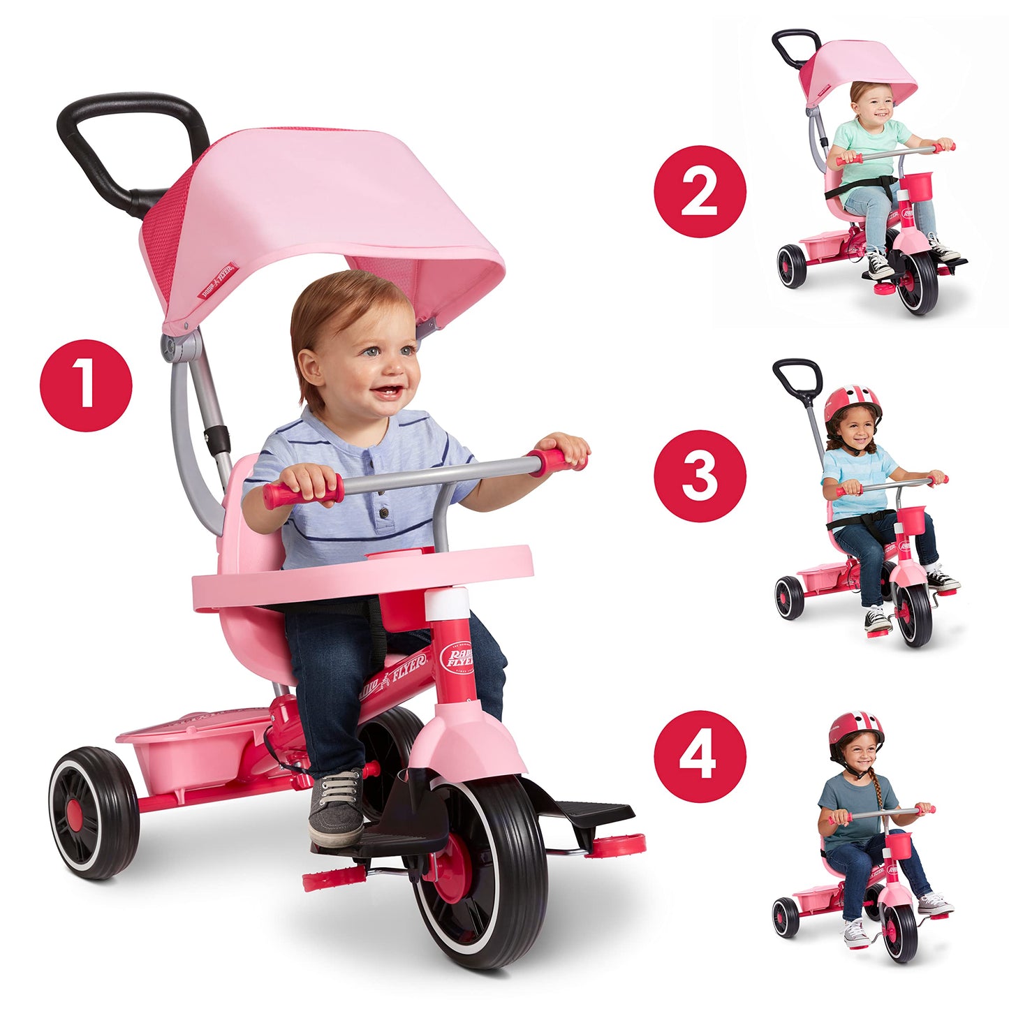 Radio Flyer 4-in-1 Pedal & Push Stroll 'N Trike, Ages 1-5, Toddler Tricycle & Stroller, High-Density Foam Tires, Parent Push Handle, UV Canopy, Removable Tray, Headrest & Seatbelt, Stroller Tricycle