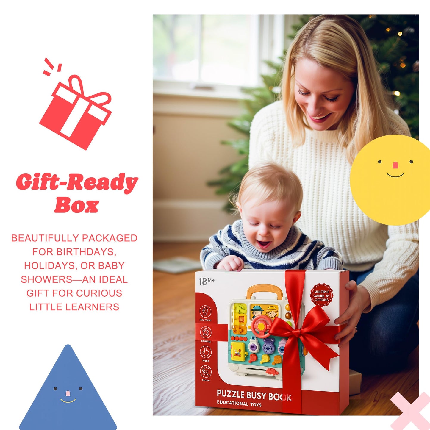 ROHSCE Montessori Busy Board for Toddlers 1-3, Baby Educational Activity Board with Lights & Music, Sensory Toys for Fine Motor Skills, Travel Toys for Airplane Cars, Gift for Boys Girls