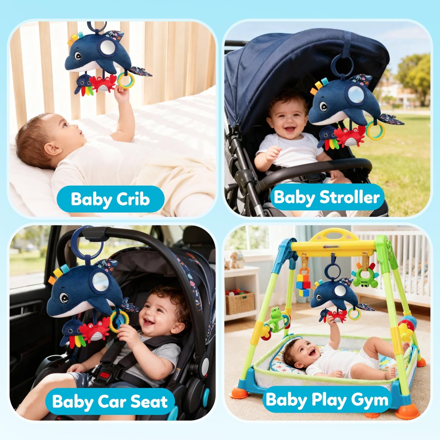 TSYAN Car Seat Toys for Babies 0-12 Months,Hanging Baby Activity Toy for Car seat,Stroller,Crib & Gym,Infant Plush Rattle with Mirror, Crinkle, Clip-On for Boys & Girls