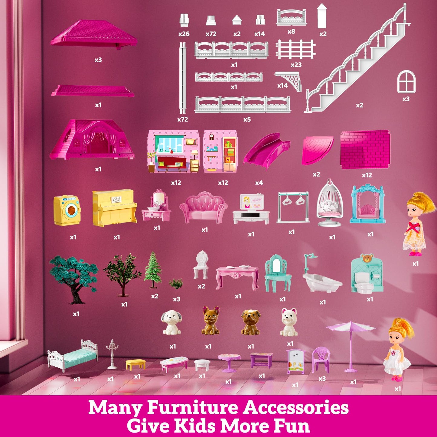 JUKUDAHU Villa Playset for Girls Ages 3-7, 4-Story 12 Room House with 2 Dolls, Furniture and Accessories, Indoor Playset Girls Toys for Ages 6-8, Pretend Toddler Toy, Birthday Gifts for Kids 4-8
