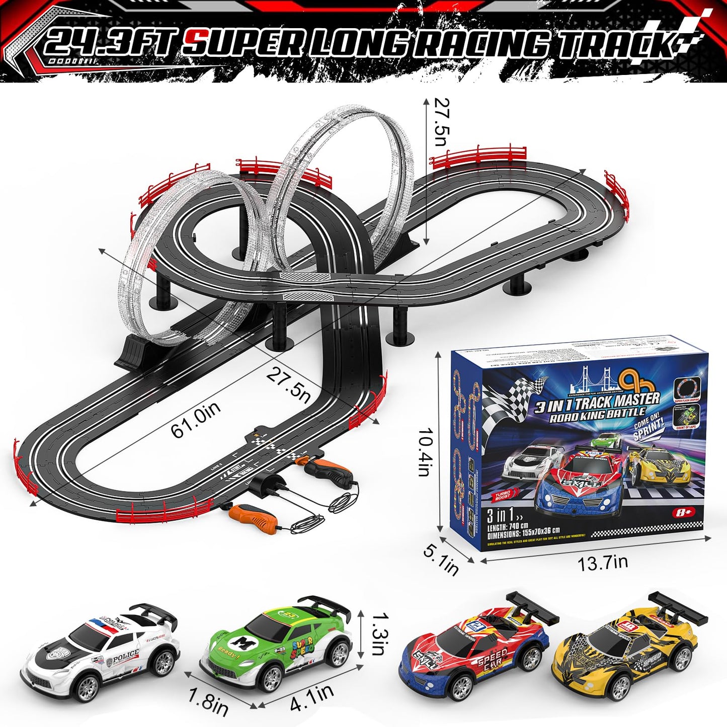 3 IN 1 Slot Car Race Track Sets with 4 High Speed Slot Cars, Electric Race Car Track Include Circular Overpass Flash Tracks, 1:43 Remote Control Track Car Game Toys Gifts for Adults Boys Ages 6 7 8-12