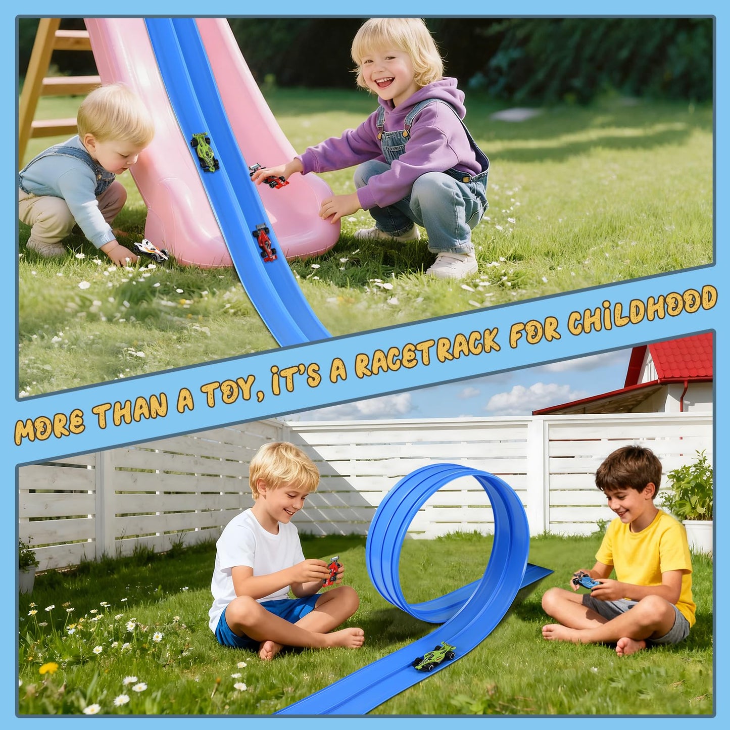 Flex Race Car Track 15 Ft for Kids 14+ Toys, with 4 Small Racecars, Suitable for Hot Wheels and Diecast 1/64th Cars, Rolls Up Race Tracks with Strong Suction Cups