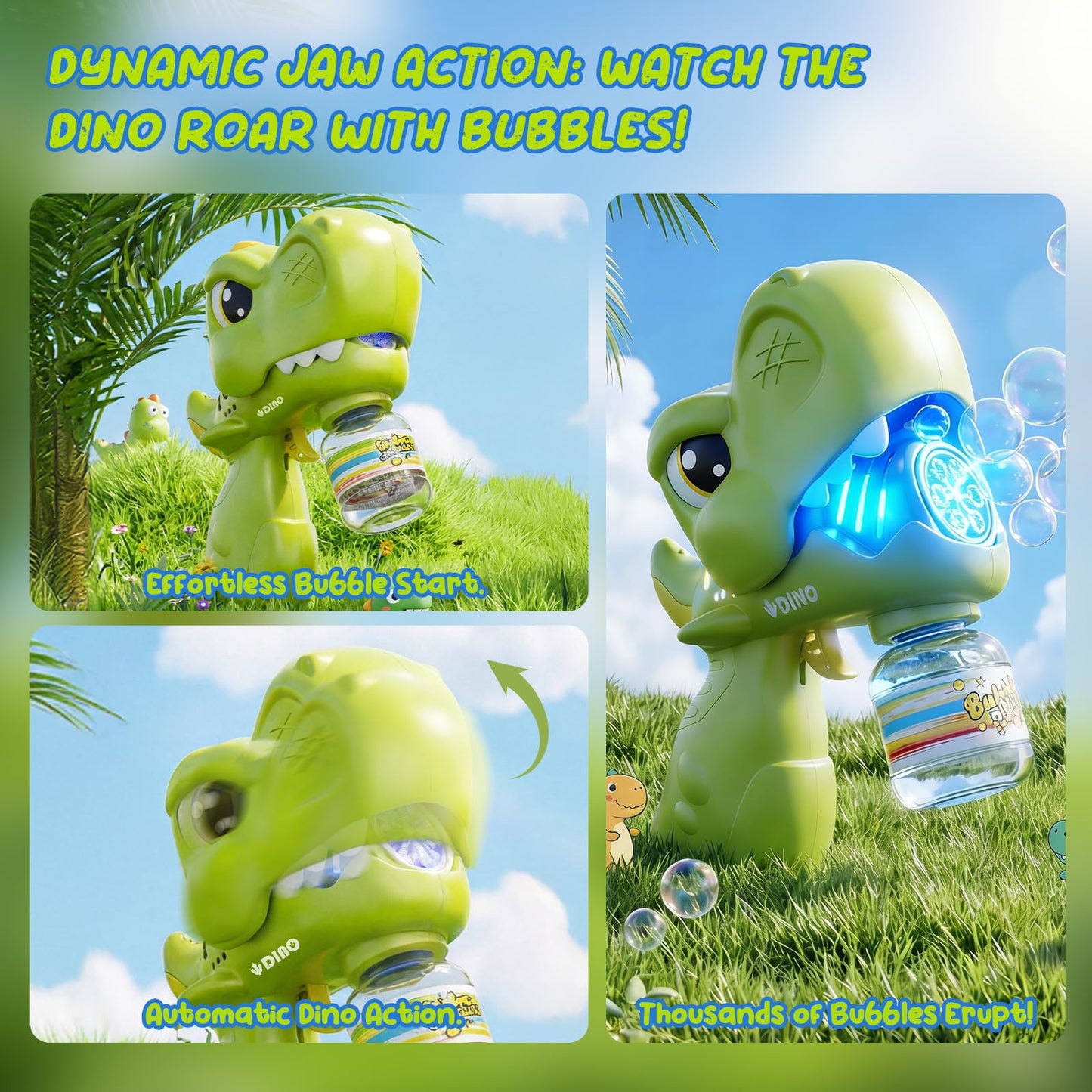 Bubble Guns for Toddlers 1-3, 2 Pack Movable Mouth Dino & Shark Bubble Machine Toys, Chomping Action Automatic Bubble Blaster w/LED Lights & 10 Refills, Rechargeable Outdoor Party Gifts for Ages 3-8