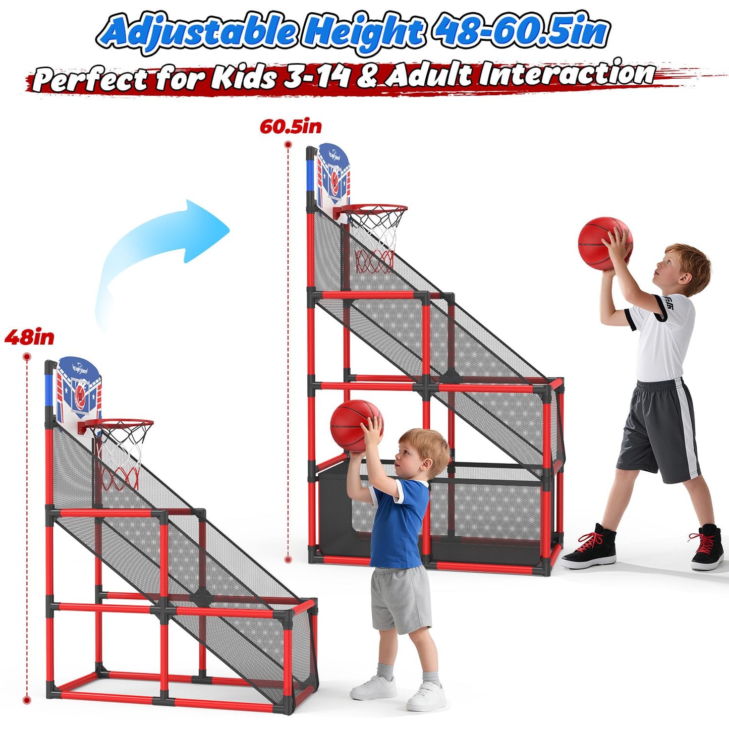 EagleStone Kids Adjustable Arcade Basketball Hoop with LED Lights & Scoreboard, 4 Balls Ball Storage Net, Indoor Outdoor Carnival Basketball Game Set for Boys & Girls Ages 3-12, Pump Included