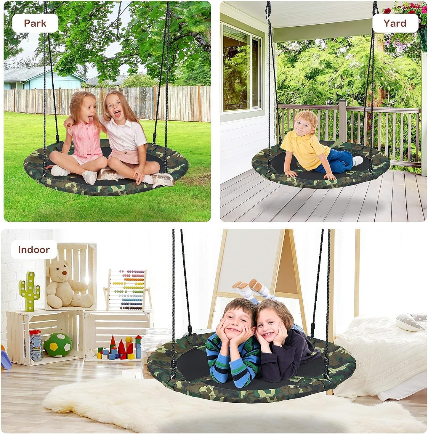 LDAILY Moccha Flying Saucer Tree Swing, Giant 40” Round Swing with Metal Frame, Adjustable Hanging Rope, Waterproof 600D Oxford Cloth, Indoor Outdoor Swing for Backyard, Playground (Camo Green)